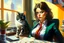 Placeholder: kitten brunette woman secret agent joker in an office in sunshine, very detailed, oil painting