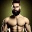 Placeholder: muscular shirtless man with big beard and big mustache and green eyes