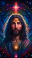 Placeholder: A majestic portrait of Jesus Christ, surrounded by a swirling cosmic landscape of stars and galaxies.