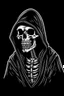 Placeholder: 1950s skeleton in a black hooded cloak drawn in a early animation rubber hose animation style, inside a light diamond shape on a black background, monochromatic