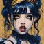 Placeholder: Poster in two gradually, a one side malevolent goth vampire girl face show his tonge, and other side the Singer Melanie Martinez face, painting by Yoji Shinkawa, darkblue and gold tones,