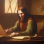 Placeholder: leonardo da vinci works in his study on a laptop at his desk. painting in photoshop. hyperdetailed, warm colors, movie poster, photoillustration, oil on canvas, lens flare