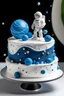 Placeholder: White round cake with blue gliter balls on one side, on the top are tree astronaut blue silver and white