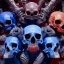 Placeholder: a picture of a dark, comedic, anatomically correct wall of red white and blue tightly packed stacked cyborg skulls of varying sizes and expressions, photo realistic, insanely meticulous, highly detailed, part of a collection of bones on display, 64k, dystopian, vray