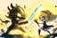 Placeholder: cute blonde chibi princess fighting with an ugly giant monster with a golden laser sabre, golden coin stacks, pond, in sunshine, H.R. Giger, anime, steampunk, surreal, watercolor and black in outlines, golden glitter, ethereal, cinematic postprocessing, bokeh, dof