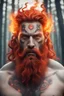 Placeholder: God Zeus in the forest, red eyes, fiery beard, fiery hair, ethnic symbols, Scandinavian signs, tattoo, high definition image, realistic image