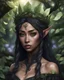 Placeholder: Druidic, natural beauty, Japanese facial features, brown skin, green eyes, dark elf, drow, elf, black hair, druide, black dress, mystic, soft light, nature, shabby, natural, garden, magical, fantasy, realistic, no jewellery, leaf crown