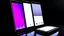 Placeholder: 3 vertical layered smartphone screens, white, left side perspective, dark ambience