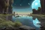 Placeholder: Grey blue sky with one exoplanet in the horizon, rocks, cliffs, puddle, weeds, sci-fi movies influence, movie wallpaper, epic, trascendent, ernest welvaert and charles leickert impressionism paintings