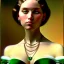 Placeholder: oil Portrait of a dark blonde beautiful busty voluptous adult woman with emeralds necklace with big Green sad eyes looking to viewer by GRANT WOOD Ingres 8k