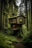 Placeholder: a tiny house in the high end of a big tree, in the middle of a dense forest.