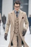 Placeholder: a Clark kent Superman winter fashion runway with modern clothes by Superman style clothes, embroidery elegant fashion beige tones