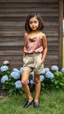 Placeholder: Fashion editorial shot, full-body. A stunning child model with a mature, realistic expression, flawless natural makeup, and a sleek bob haircut. High-fashion outfit: a silk camisole, designer high-waisted shorts, and stylish loafers. Posing confidently against the wooden wall of a modern farmhouse, with hydrangea bushes and a field in the background. Clean, sharp photography, Vogue magazine style, dramatic natural light.