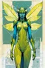 Placeholder: Hand drawn technical,full body portrait illustration , with detailed blueprints and engineering schematics of a walking leaf insect girl, in the comic book art style of BILL SIENKIEWICZ and JEAN GIRAUD MOEBIUS, with highly detailed facial features, drawings, and technical notation, 8k, vibrant natural colors