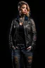 Placeholder: full body portrait of a fit woman with chest tattooed extremely muscular body in expensive designer leather jacket