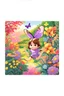 Placeholder: a striking purple butterfly flying by,colorful garden background , child book illustration style, faces must be the same as reference image