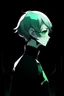 Placeholder: Phosphophyllite Houseki no Kuni on a black background stands with his back but turns to face the screen