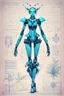 Placeholder: Hand drawn technical,full body illustration , with detailed blueprints and engineering schematics of a robotic hybrid walking leaf insect girl, with highly detailed facial features, drawings, and technical notation, 8k, vibrant natural colors