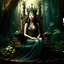 Placeholder: A beautiful as a model asian woodland elf princess who looks like Lucy Liu seated on a throne in a mystical forest