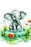 Placeholder: white background Cute baby elephant splashing joyfully in a crystal-clear watering hole, surrounded by lush, emerald green grass and vibrant tropical flowers.