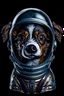 Placeholder: realistic furry puppy dog, wearing a space helmet, full detail, color, black background, face front, copyright free