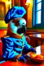 Placeholder: Half human half parrot in a blue 1700s dutch military uniform sitting in a cafe