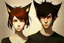 Placeholder: A young adult male with messy black hair, gold eyes, black cat ears, realistic, slight smile standing with a young adult female with short red hair, dark green eyes, large orange fox ears on top of her head, slight smile, pale skin, realistic