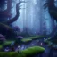 Placeholder: Dark fantasy concept art, dynamic lighting, Intricately detailed, Splash screen art, deep color, Unreal Engine, volumetric lighting, blue flowers, moss, leather, creek, flowing water, fantasy dark forest artwork,