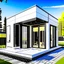 Placeholder: Create a small modern prefab house with white, gold and black colors, photo