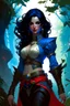 Placeholder: create an adult female air genasi from dungeons and dragons, black medium hair, light blue eyes, blue skin, wavy hair, wearing red leather clothing, full body, digital painting, high resolution, forest background, a bit zoomed out