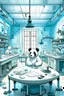 Placeholder: A pure white laboratory/operating room with a mix of medieval, scientific, and magical tech. Keep the first image and add a panda bear lying on the table wearing half a mask. No, the panda bear is lying on the table, unconscious and being operated on. No, make the panda bear LYING on the table, face up, and sleeping
