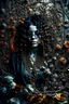 Placeholder: abstract creation of a beautiful girl with black curly hair, surrounded by black roses, thick metal chain broken, glass petals on the ground, autumn colours,dried out thorn bush, chaos,