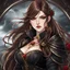 Placeholder: Icon or avatar. An arrogant looking young woman with pale skin and long brown hair in a stormy dark fantasy setting with intricate details. She is smirking, wearing black and read leather, has red eyes, an air of malevolent power surrounds her. Anime style. High definition.