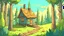 Placeholder: Cartoon style: at the end of the forest, far away on the horizon a small wooden house