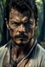 Placeholder: Portait Josh Duhamel as fantasy alpha werewolf in human form very muscular short cropped hair and rough beard, tribal tattoos wearing white button up shirt with rolled up sleeves realistic face, close-up, dark fantasy, fantasy forest, intricate details, hyper detailed, photograph