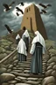 Placeholder: nuns in white climbing up broken stairs leading up a steep hill to an old crumbling tower. Storm clouds. Eagles flying around the tower. By artist "Bluefooted",by artist "Peter Hurd"