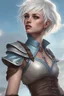 Placeholder: create a young female air genasi from dungeons and dragons, white short hair, undercut, light blue eyes, wind like hair, wearing hot leather clothing that also looks studded, she is smoking, realistic, digital art, high resolution, strong lighting