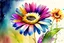 Placeholder: one small daisy flower next to big colorful exotic flowers, watercolor