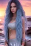 Placeholder: half body shot,realistic portrait of a 20-25 old caucasian model, long blue pink flowing hair, great grey eyes, blue leather jacket,full body, short white skirt,long legs,standing at beach of very nive lake with sunset ,clouds,godrayes