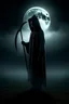 Placeholder: mysterious, hooded figure with a scythe, standing in a misty graveyard under a full moon. The figure should be shrouded in darkness, with only the eerie glow of their eyes and the blade of the scythe visible.