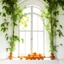 Placeholder: A window in white with an arch decorated with mangoes and light green leaves and soft orange bright colors.