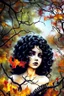 Placeholder: abstract creation of a beautiful girl with black curly hair, surrounded by black roses, thick metal chain broken, glass petals on the ground, autumn colours,dried out thorn bush, chaos,