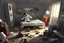 Placeholder: Digital art, high quality, digital masterpiece, natural illumination, spotlight, realistic, (1 tiny man on a Huge bed:2), (Space Suit:1.5), (a huge bed:2), (surrounded by clothes on the floor:1), (A opened door at background:2), Kid's bedroom