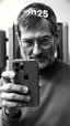 Placeholder: An old picture style of black and white and very bad quality old camera with cracks of Steve jobs holding an IPhone the year 2025 in the background a Time Machine