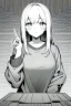 Placeholder: girl dressed in a loose sweatshirt and with one hand resting on her heart, line arts, greyscale