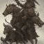 Placeholder: Nomad cavalry. Warriors. Leather armor. Damascus steel. Black. Sharp details. Roar. Fast galloping.