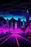 Placeholder: miami vice city outline with road leading to city, mountains behind the city with night life, palm trees on the road