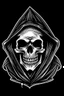 Placeholder: comedic skeleton in a black hooded cloak drawn in a retro vector mascot style, inside a diamond shape on a black background, monochromatic