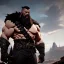 Placeholder: large muscular barbarion, heavy build, wearing fur pants, black fur boots, thick belt, long beard, shaved head, battle worn, stoic, large axe, blue eyes, eyes are both in proportion, 3/4 look, standing, dark cobblestone alley, bright fire behind, intense, non-photorealistic rendering in the art style of j.scott campbell