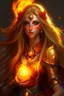 Placeholder: Female eladrin druid with fire abilities. Fire textured long golden hair. Tanned skin. Big red eyes with touch of fire .